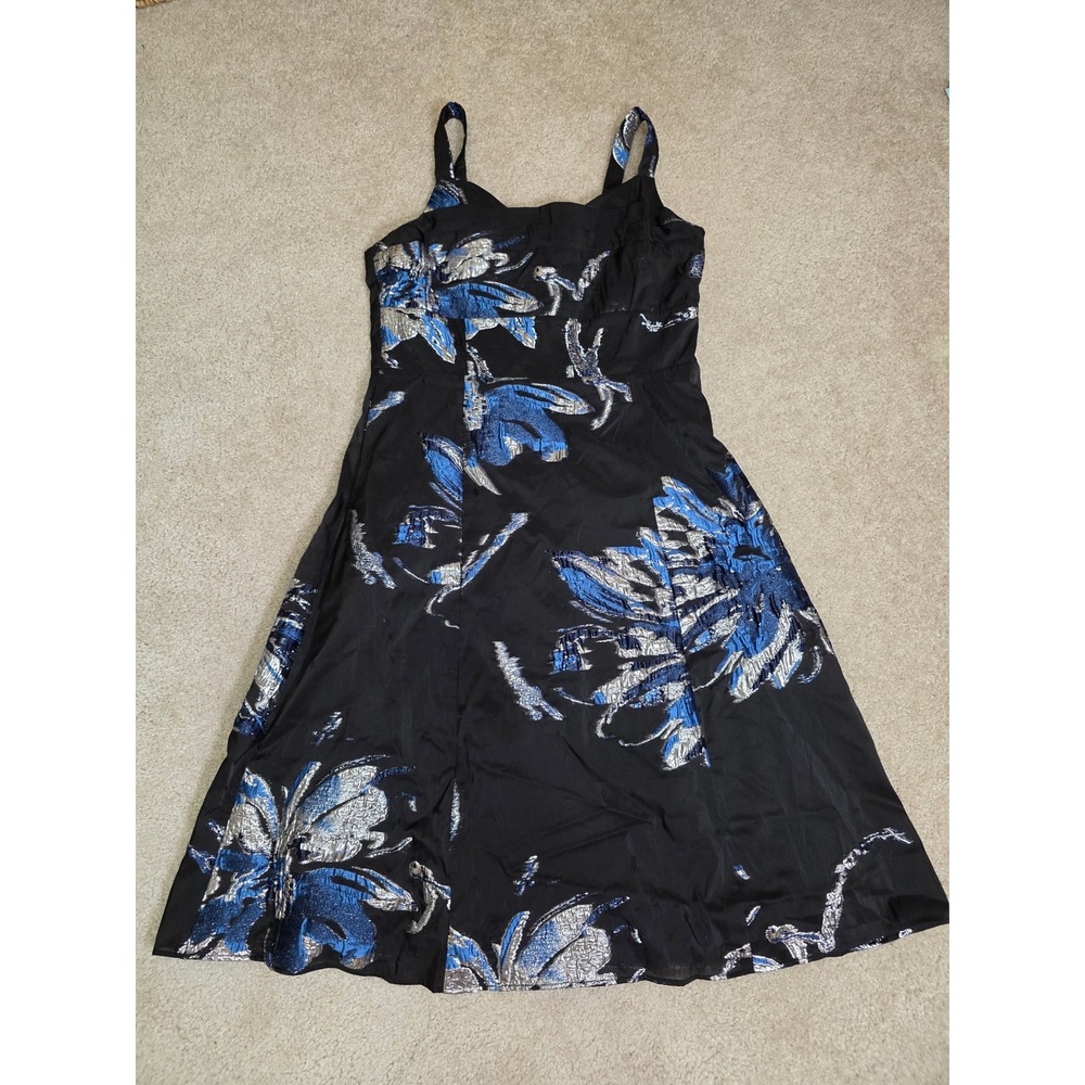 Ciebon Black Blue Metallic Floral Brocade Midi Dress Sweetheart Neck Large NWT